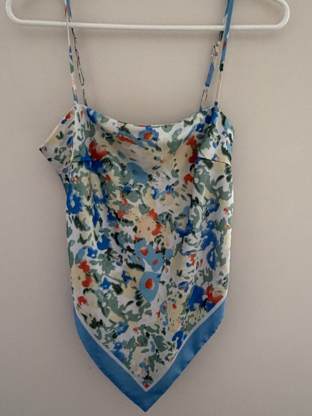 Floral Scarf Top Handkerchief Hem Tie Back Cami Y2K Blue Green Small